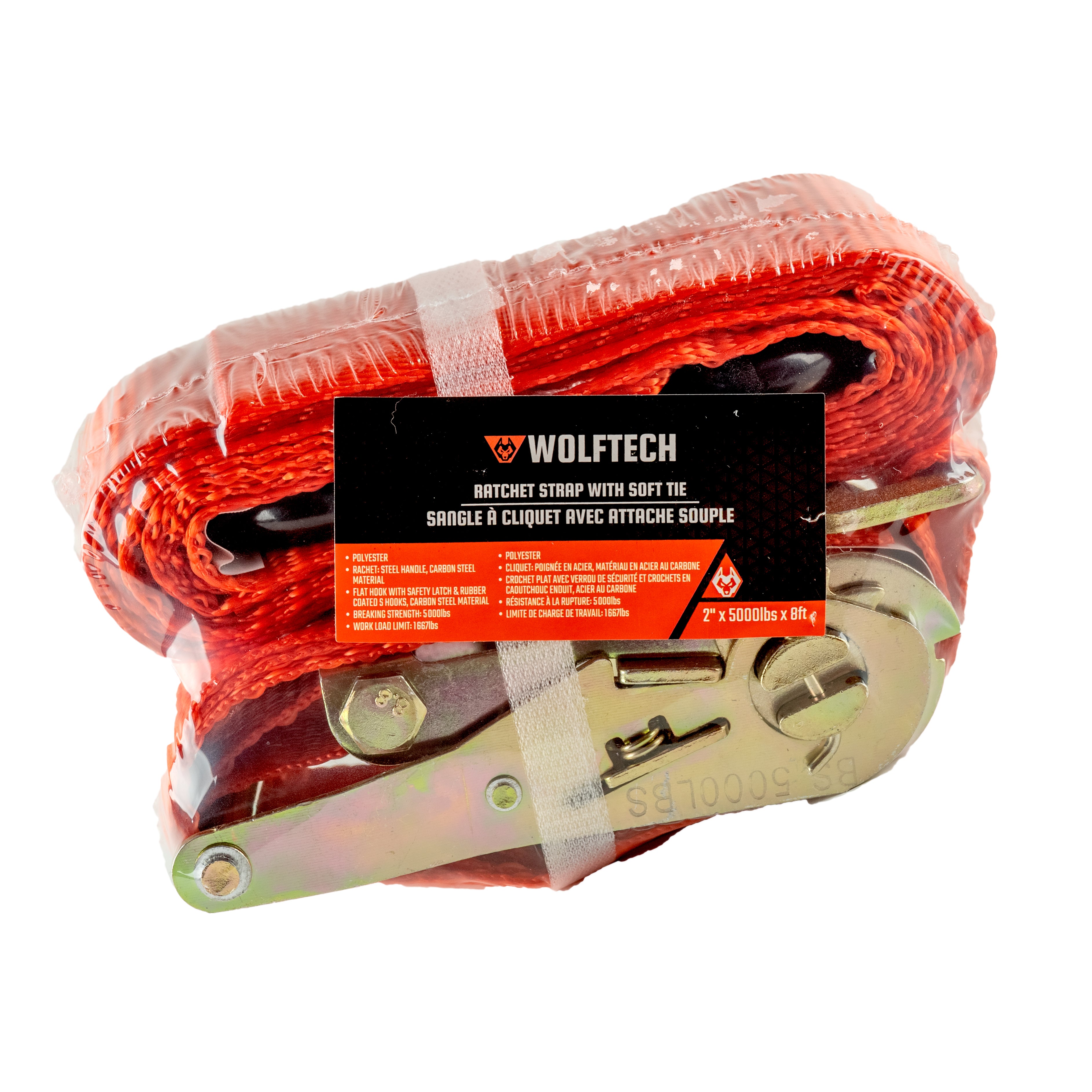 Sangles à cliquet souples Wolftech avec crochet en acier, 1 po x 8 pi, 5 000 lb