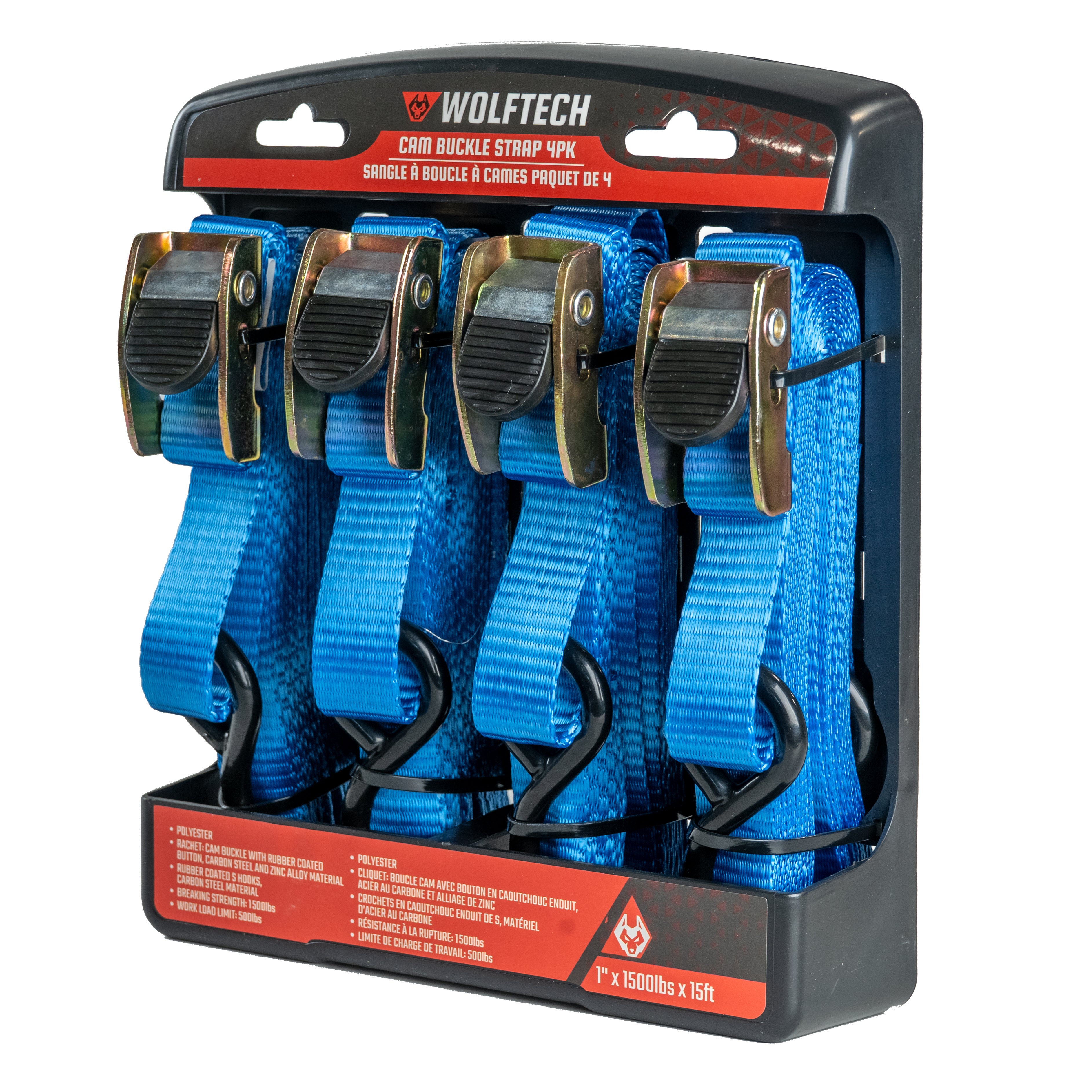 Wolftech Cam-Buckle Straps, 1" x 15', 1500 lbs (4 Pack)