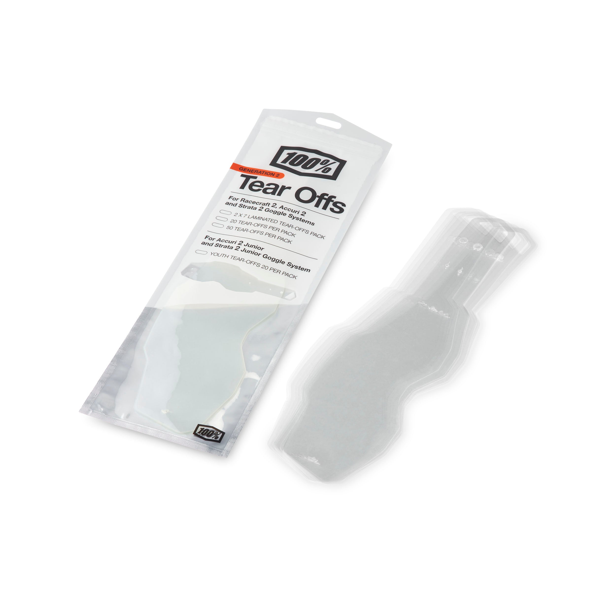 100 % Tear Offs de génération 2 pour lunettes MX Racecraft 2.0/Accuri 2.0/Strata 2.0